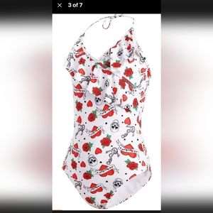 NWT As Rose Rich Floral Skull Ruffle One Piece Swimsuit Girl's Sz 14